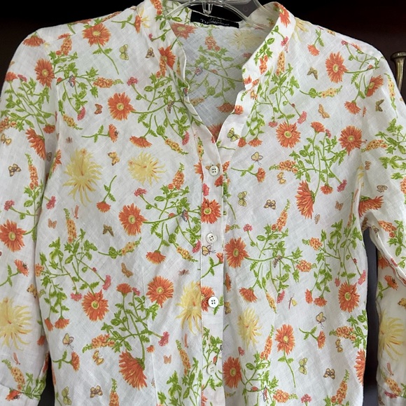 JIM THOMPSON Linen Floral Butterfly Button Front Mandarin Collar Blouse | Size 8 - Picture 8 of 16